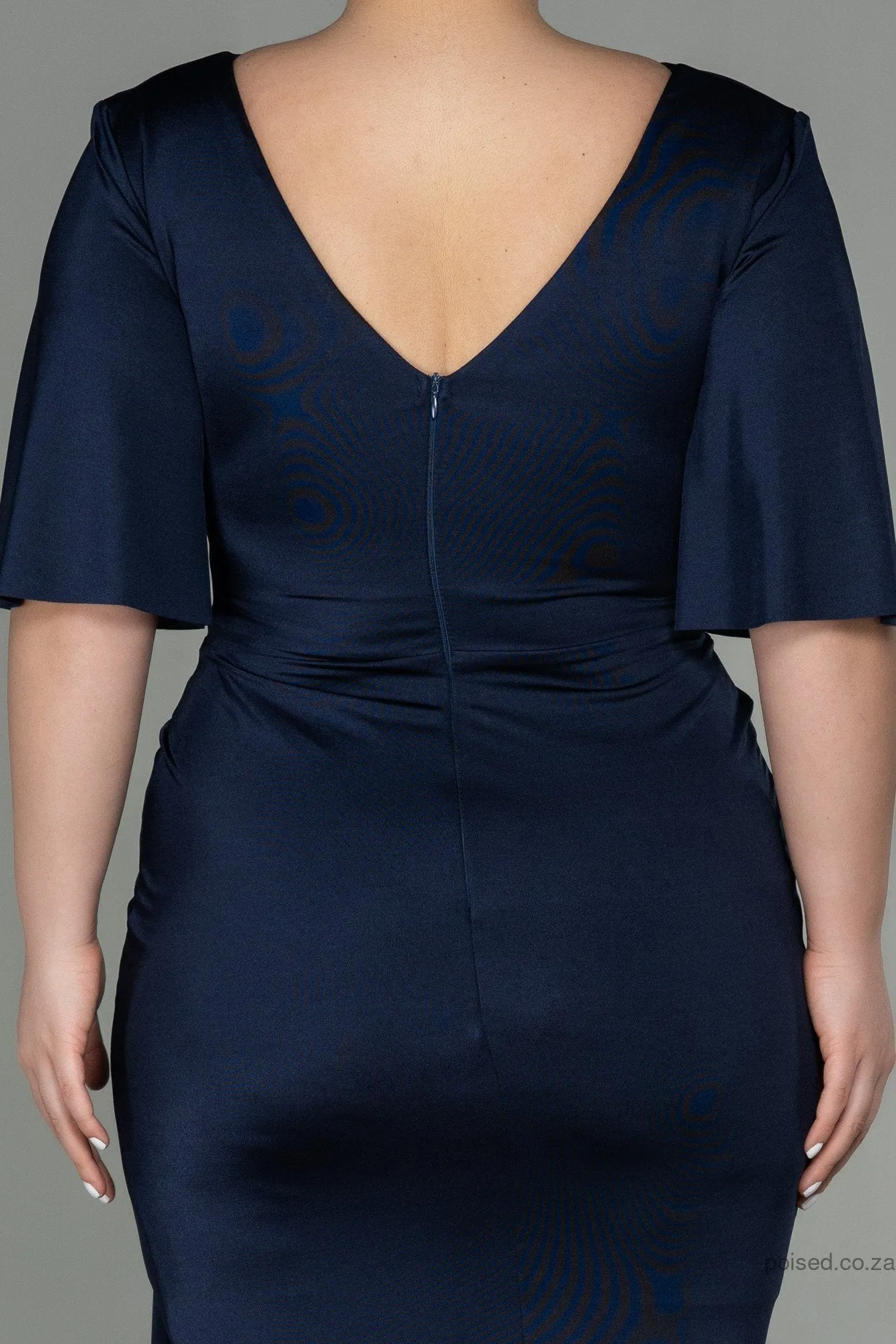 30210 Navy Blue Waist Brooch Draped Slit Dress