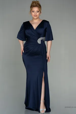 30210 Navy Blue Waist Brooch Draped Slit Dress
