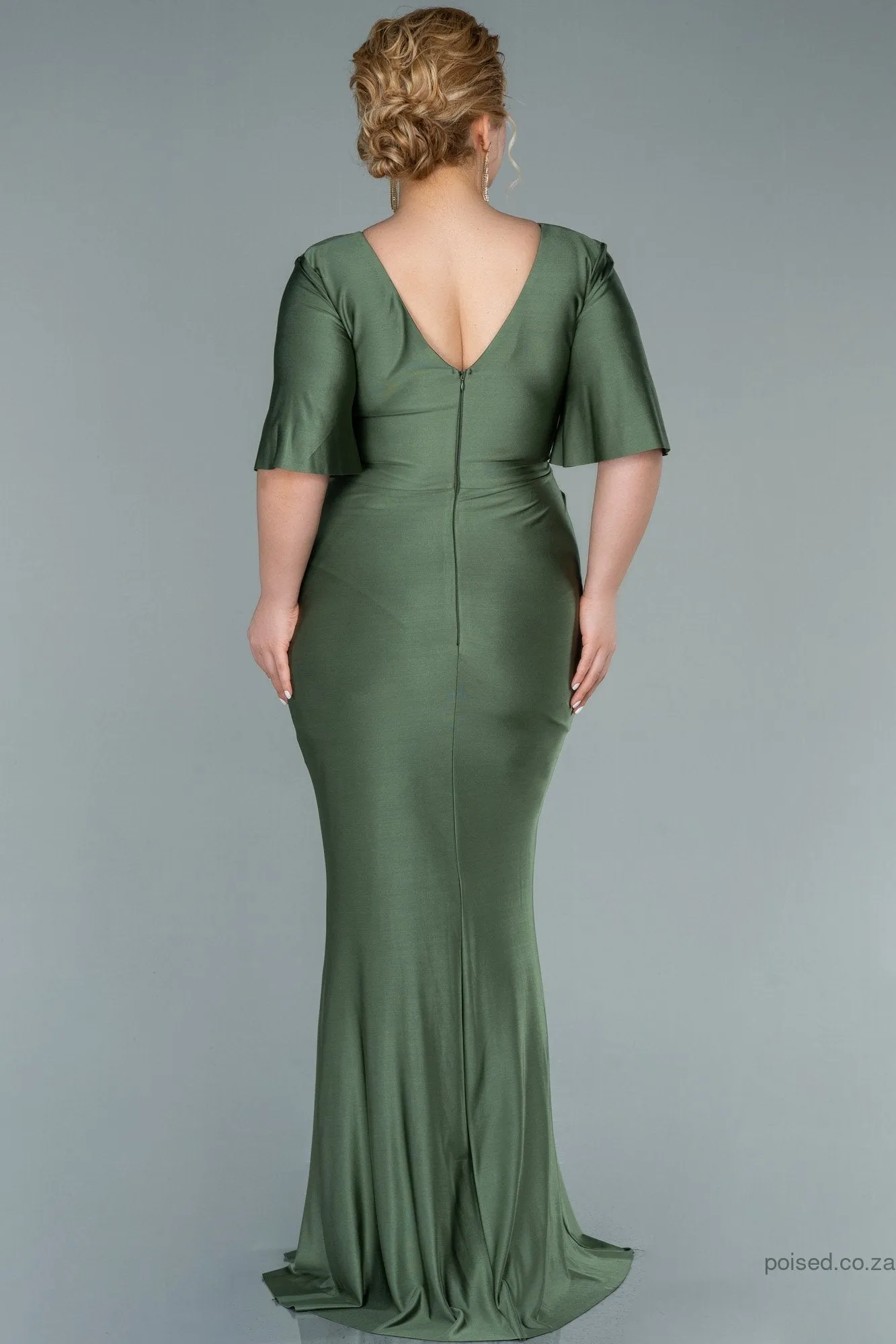 30211 Khaki Waist Brooch Draped Slit Dress