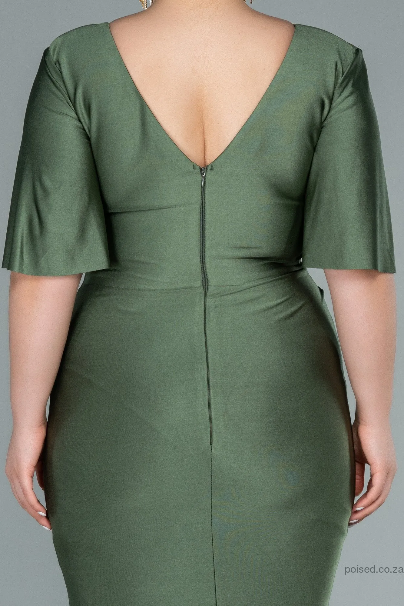 30211 Khaki Waist Brooch Draped Slit Dress