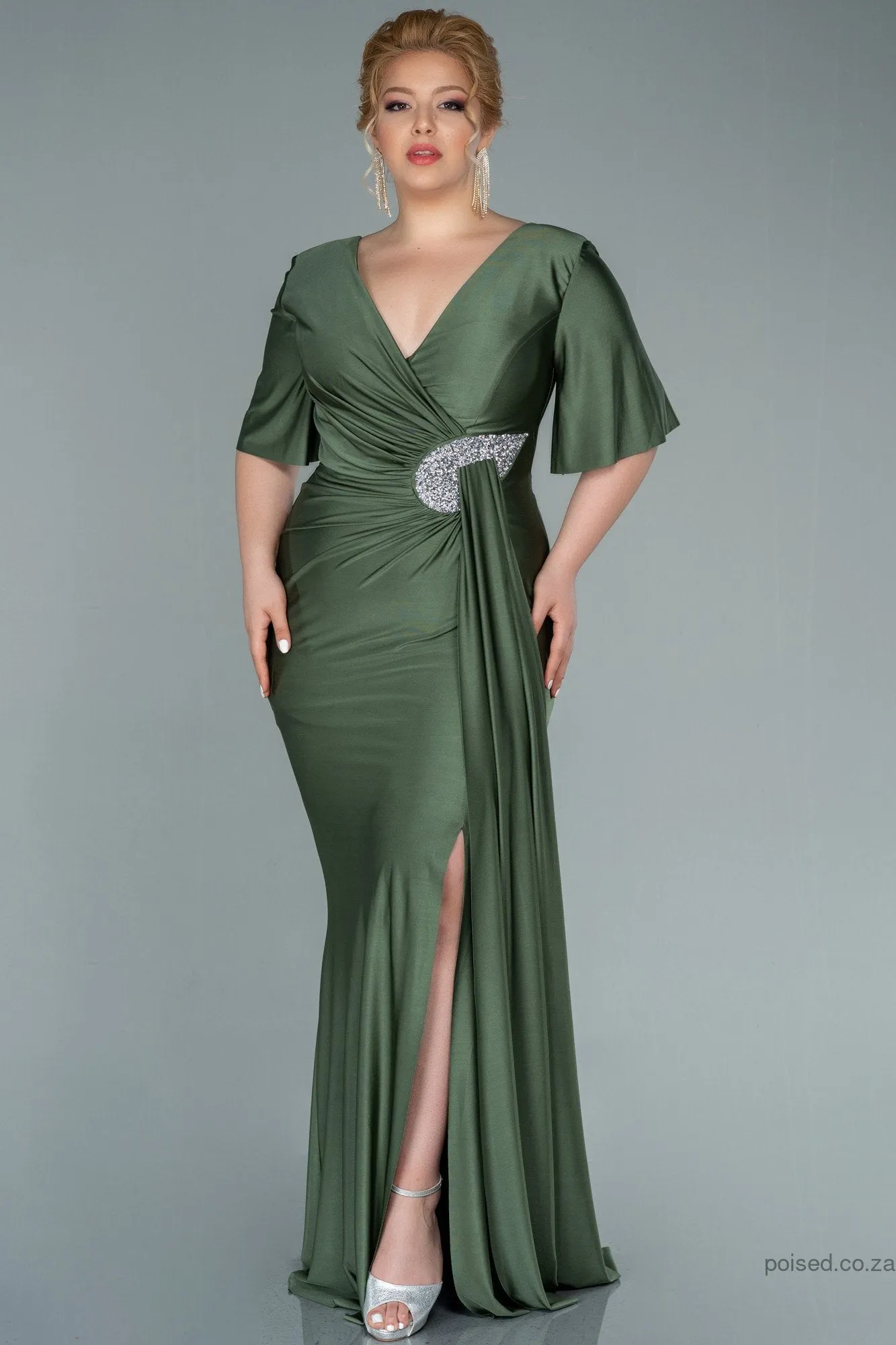 30211 Khaki Waist Brooch Draped Slit Dress