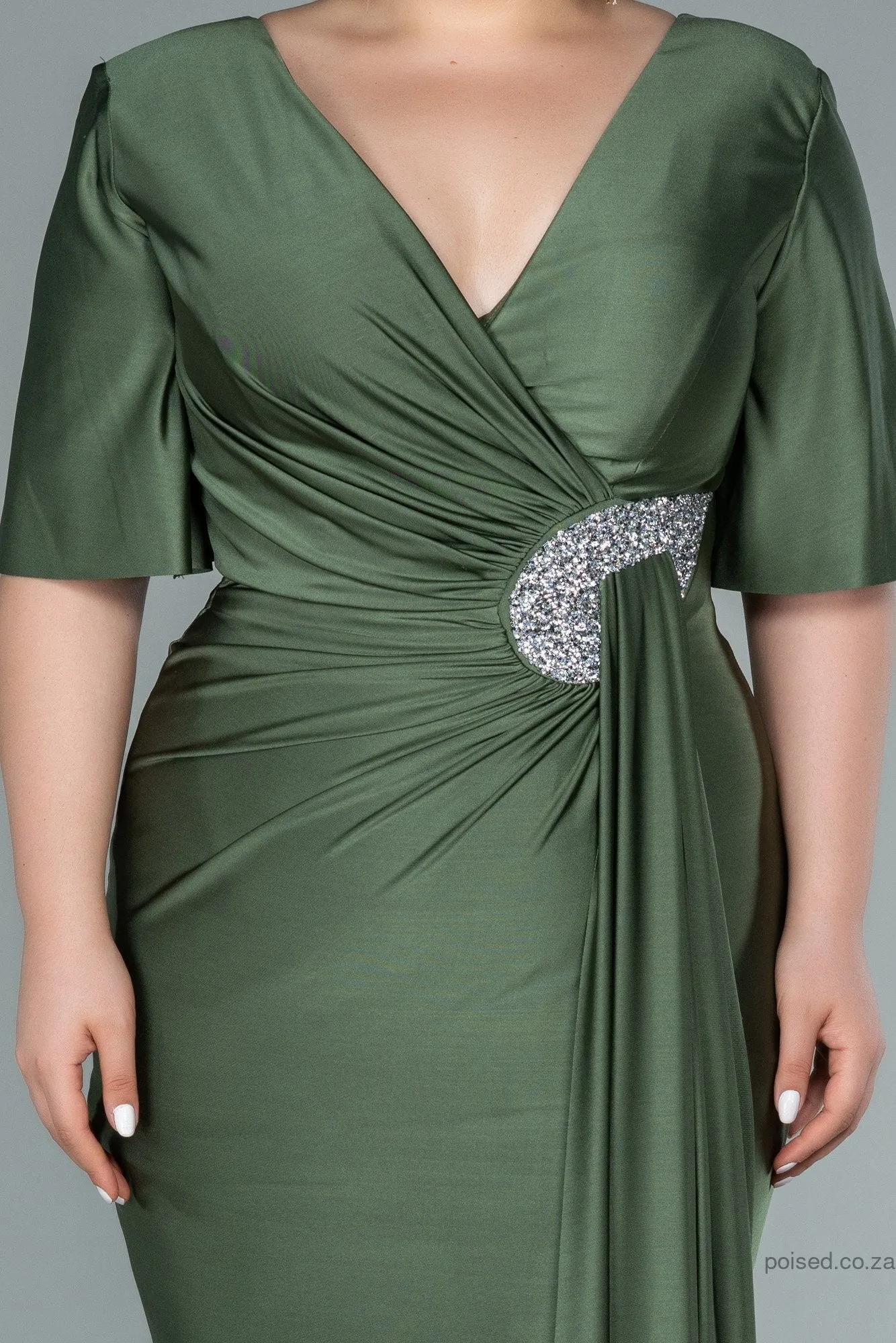 30211 Khaki Waist Brooch Draped Slit Dress