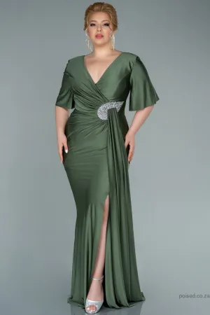 30211 Khaki Waist Brooch Draped Slit Dress