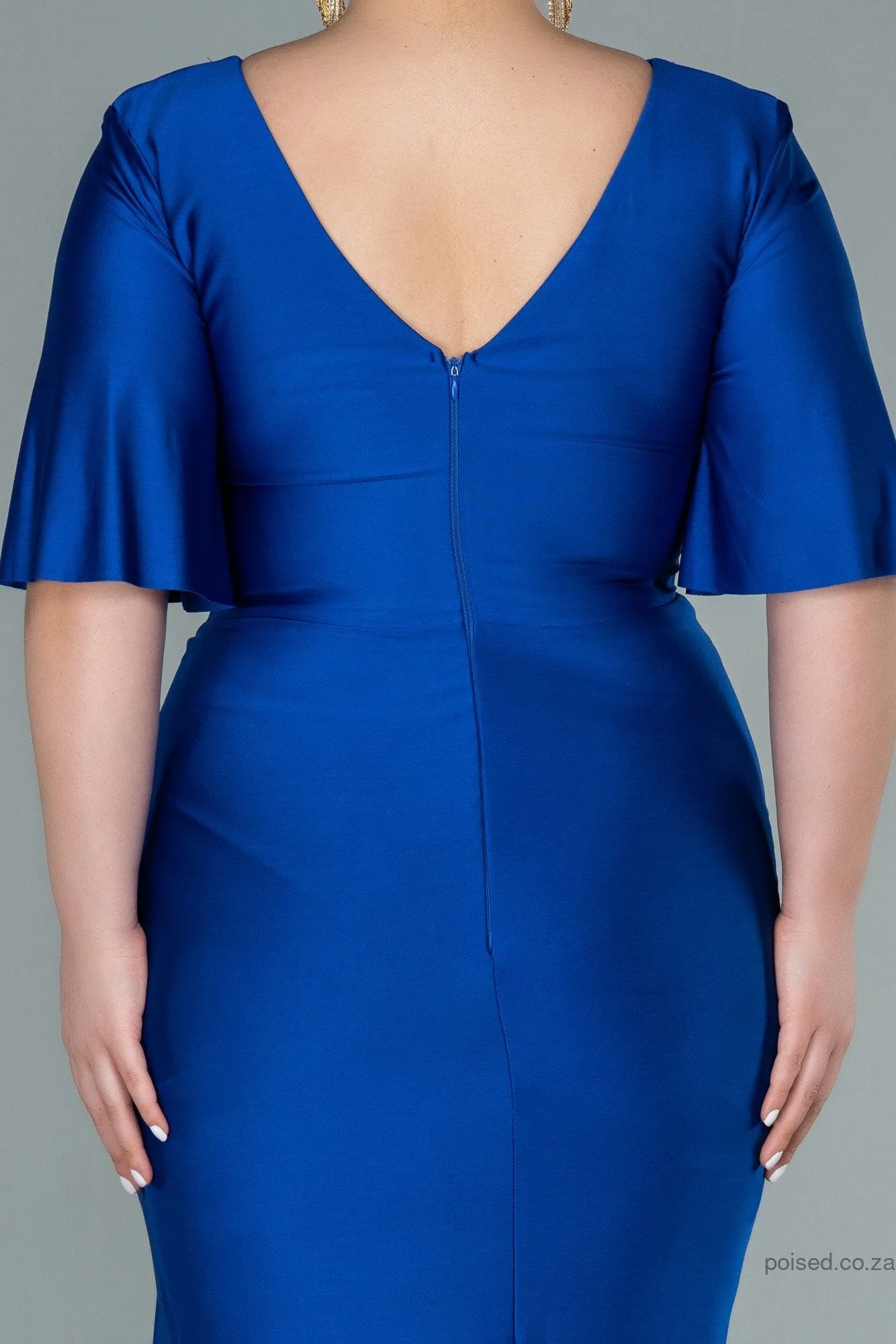 30217 Royal Blue Waist Brooch Draped Slit Dress