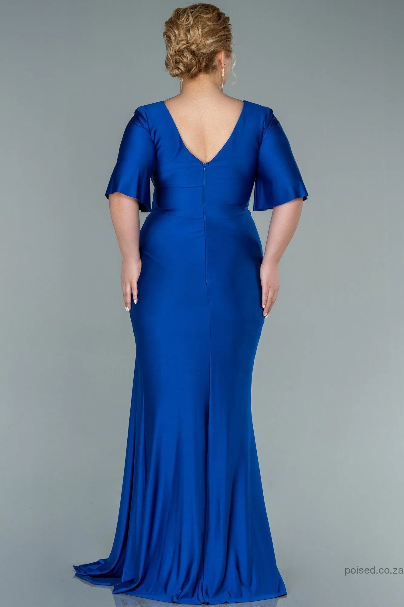 30217 Royal Blue Waist Brooch Draped Slit Dress