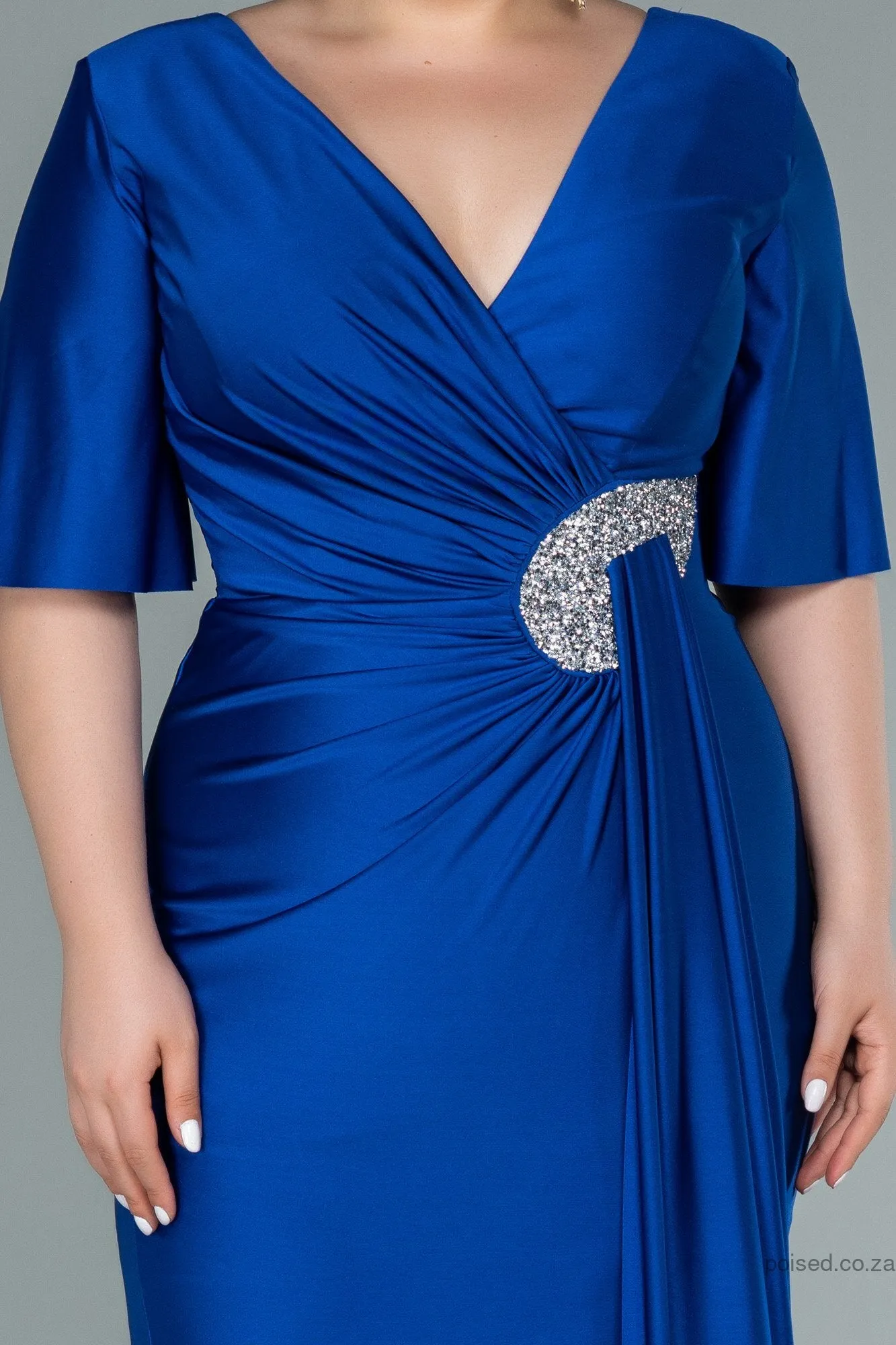30217 Royal Blue Waist Brooch Draped Slit Dress