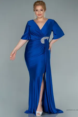 30217 Royal Blue Waist Brooch Draped Slit Dress