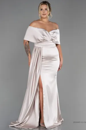 30221 Cream Draped Slit Strapless Satin Dress