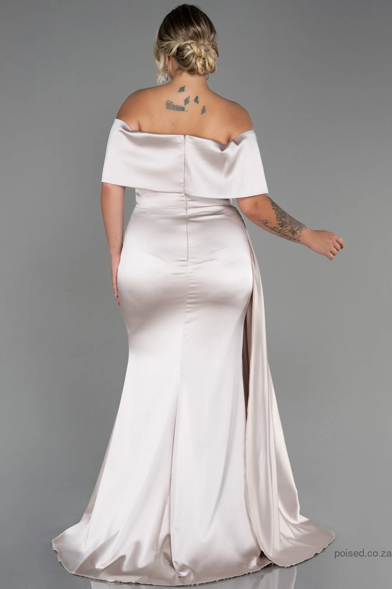 30221 Cream Draped Slit Strapless Satin Dress