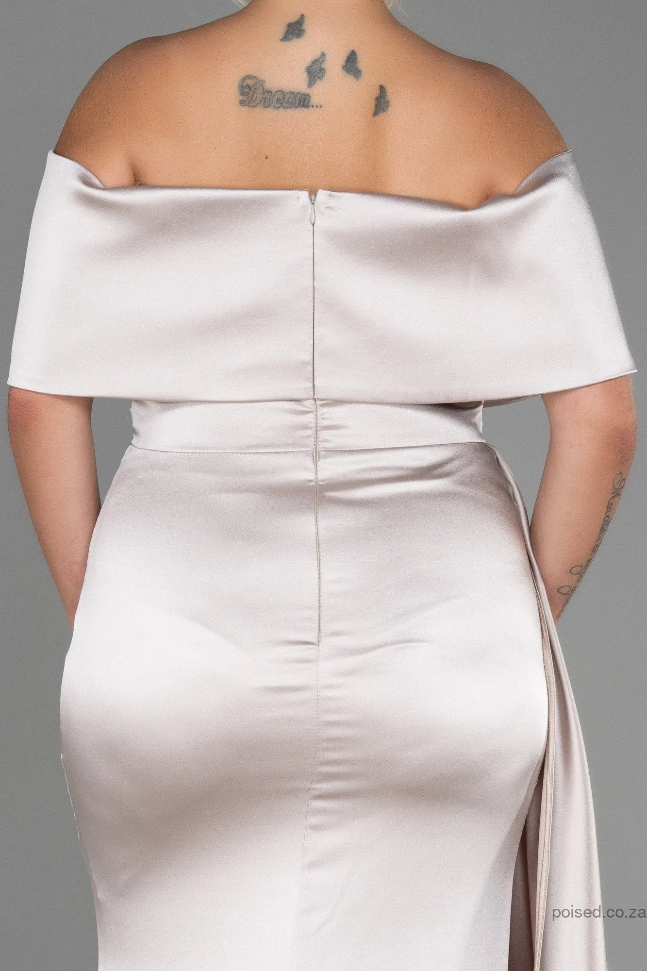 30221 Cream Draped Slit Strapless Satin Dress