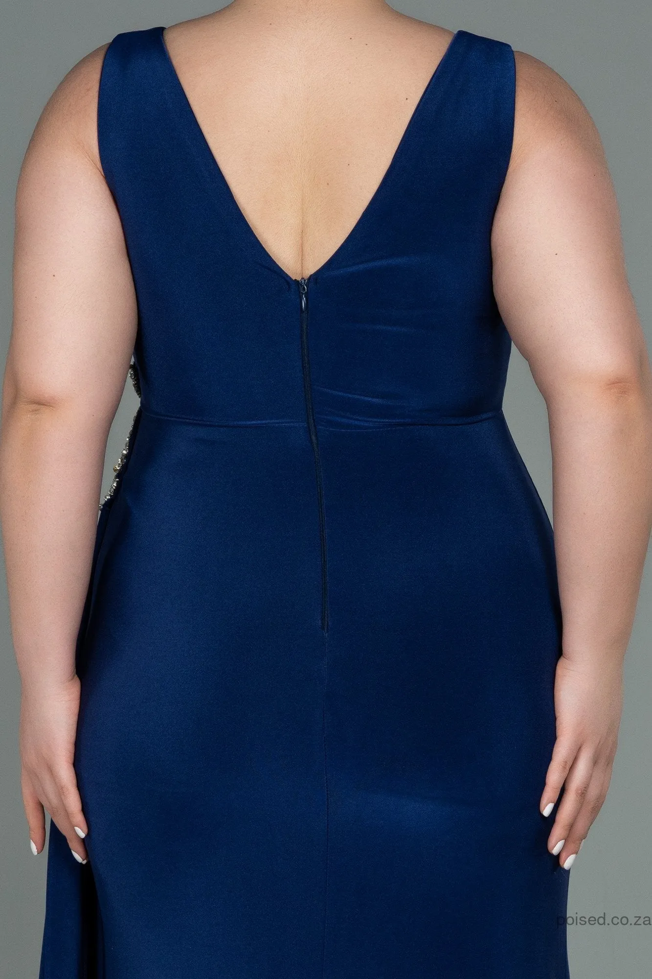30225 Navy Blue Accessorised Draped Slit Dress