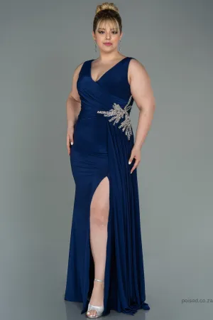 30225 Navy Blue Accessorised Draped Slit Dress