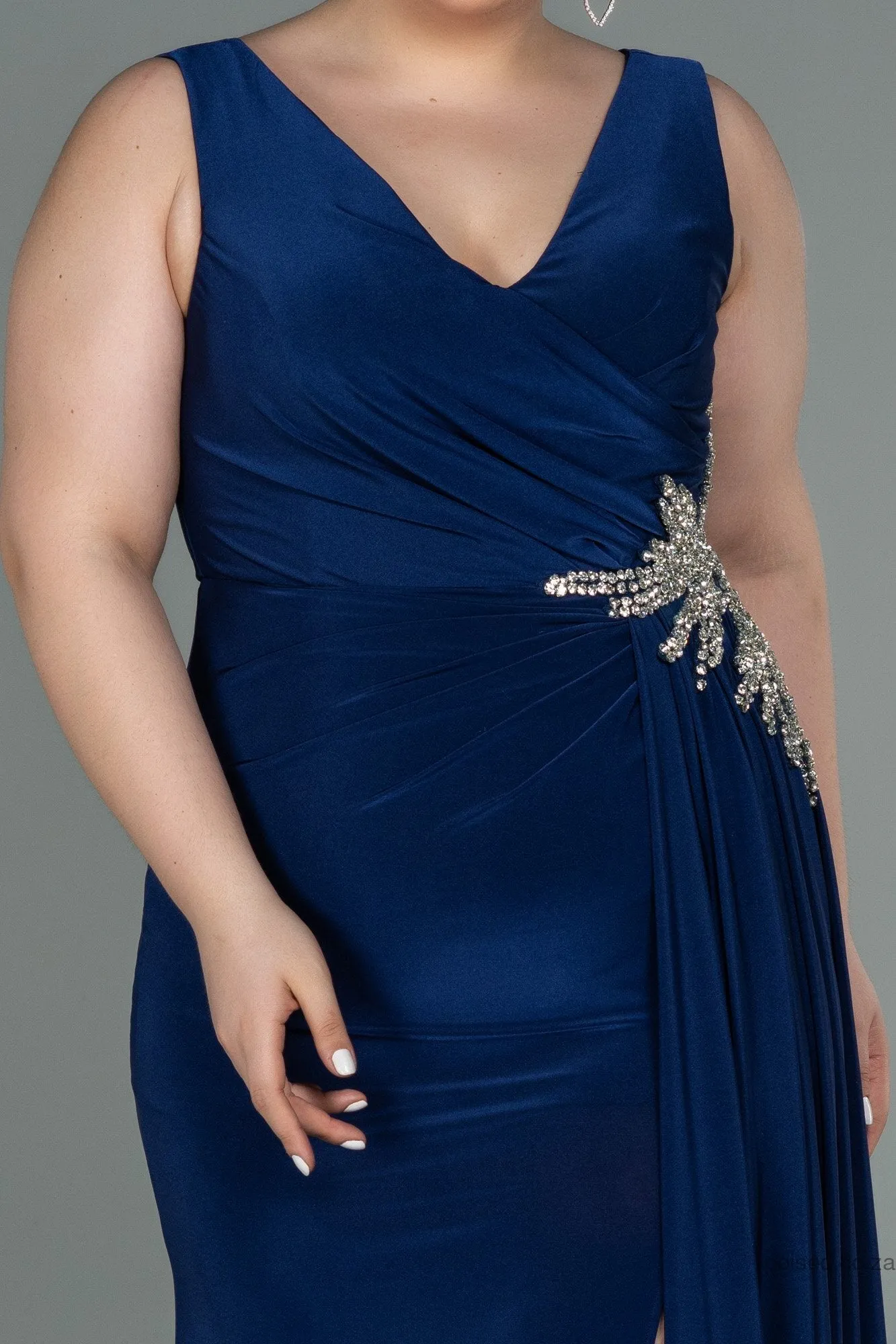 30225 Navy Blue Accessorised Draped Slit Dress