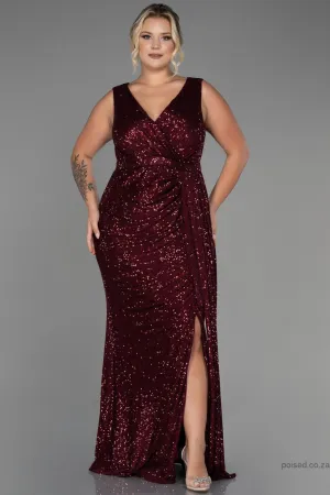 30248 Burgundy Draped Sequins Slit Dress