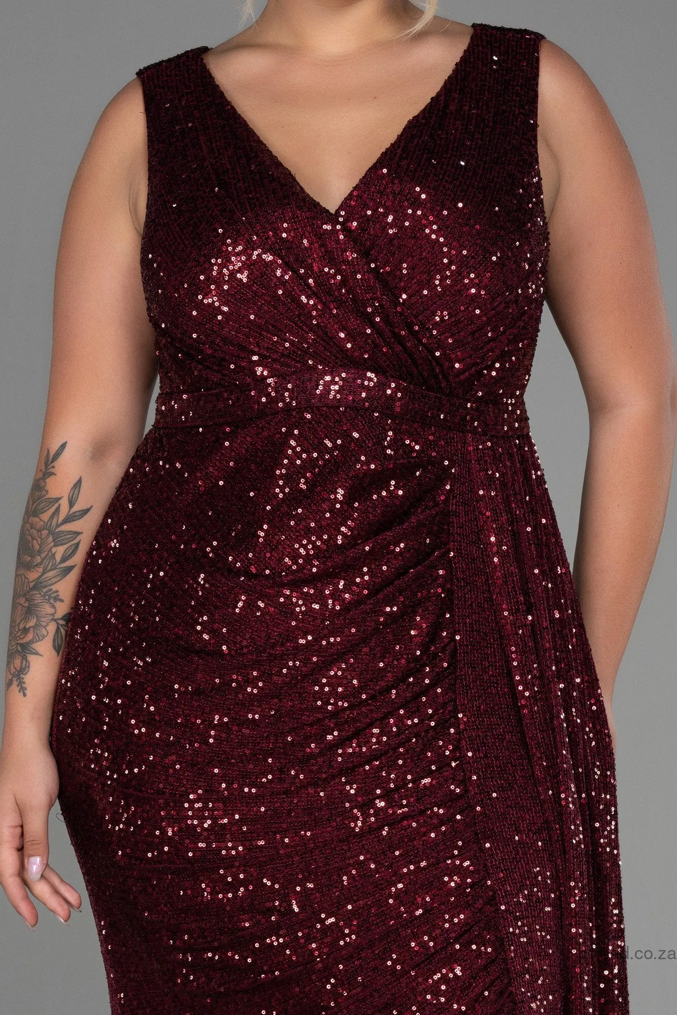 30248 Burgundy Draped Sequins Slit Dress