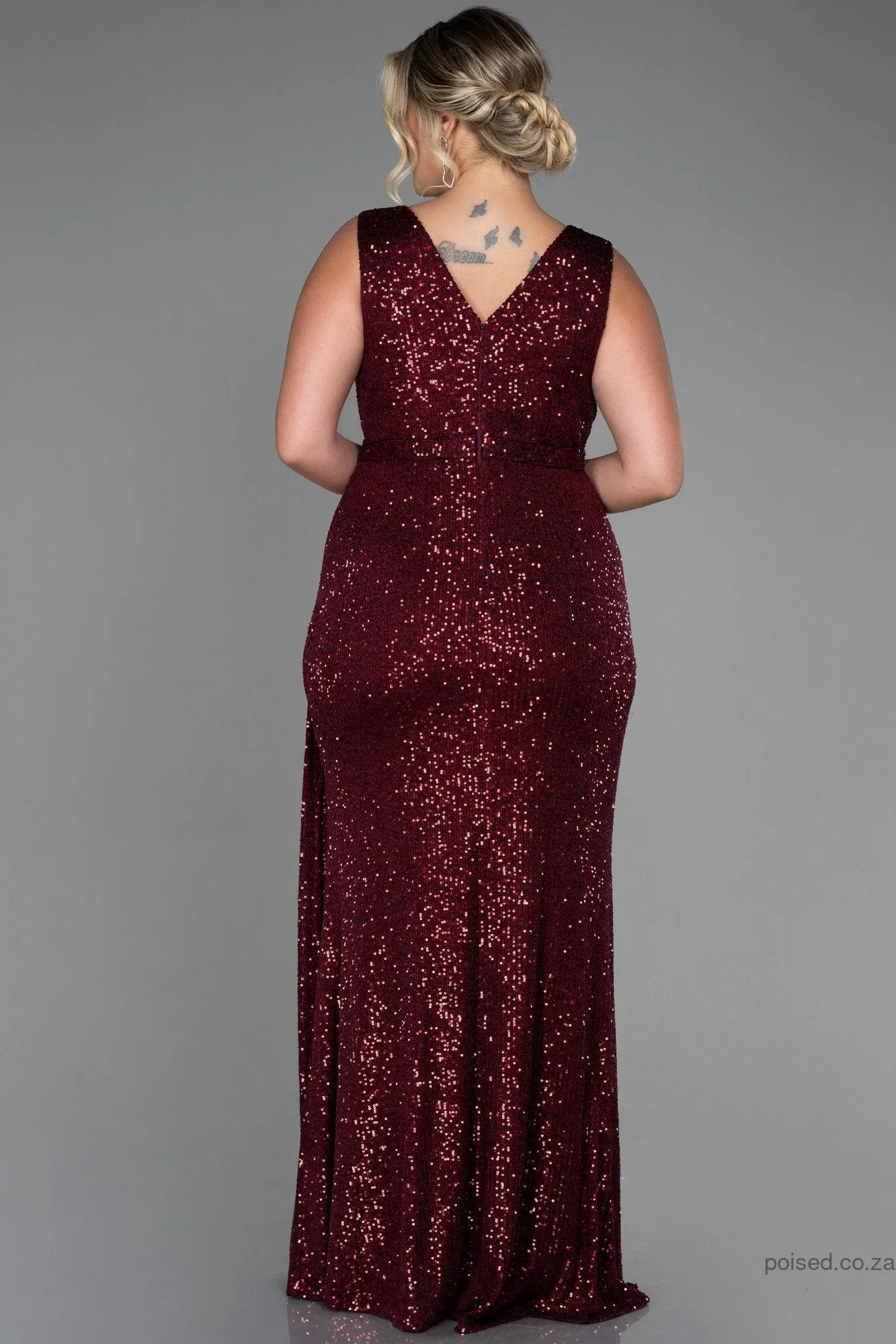 30248 Burgundy Draped Sequins Slit Dress