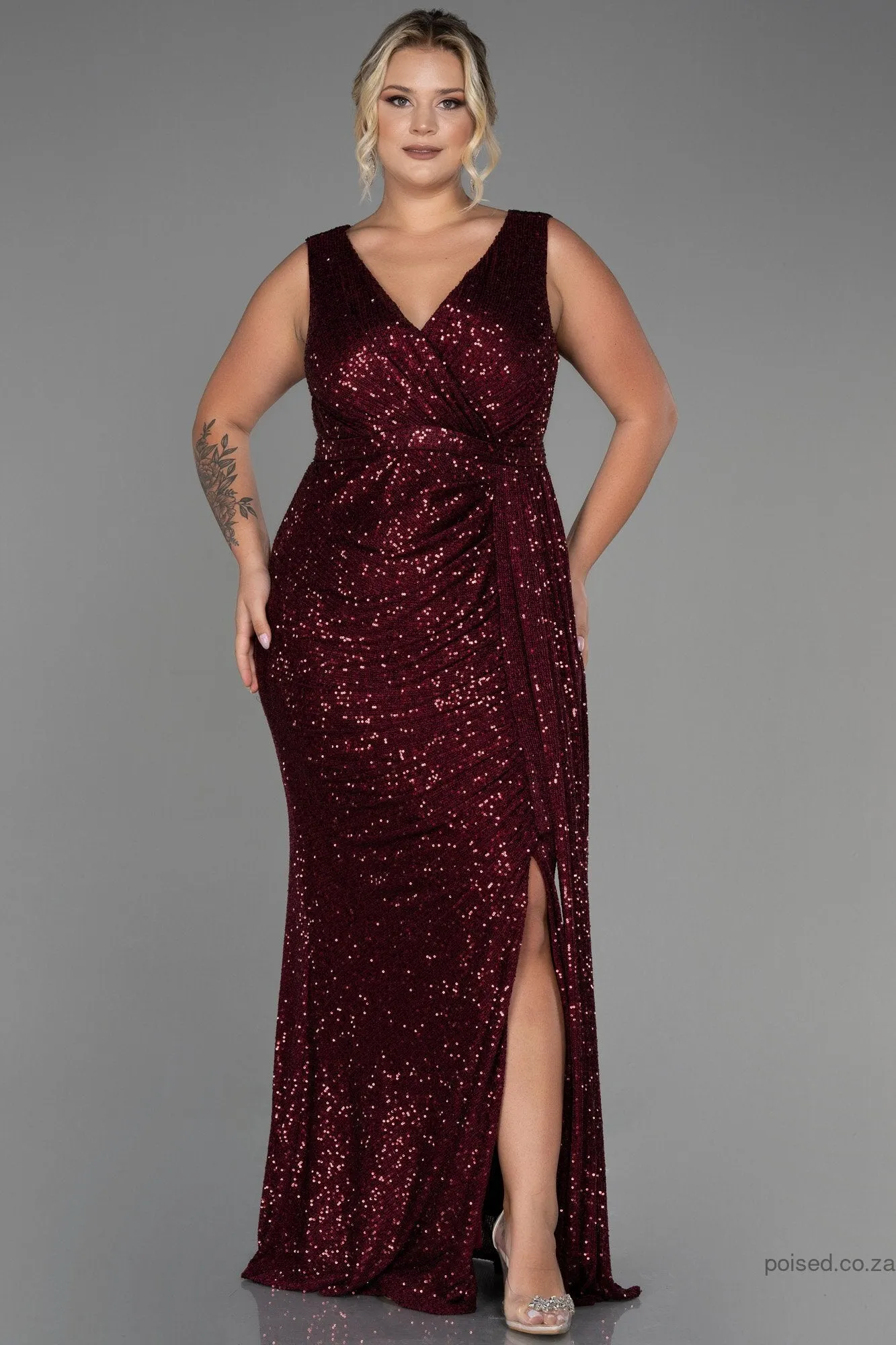 30248 Burgundy Draped Sequins Slit Dress