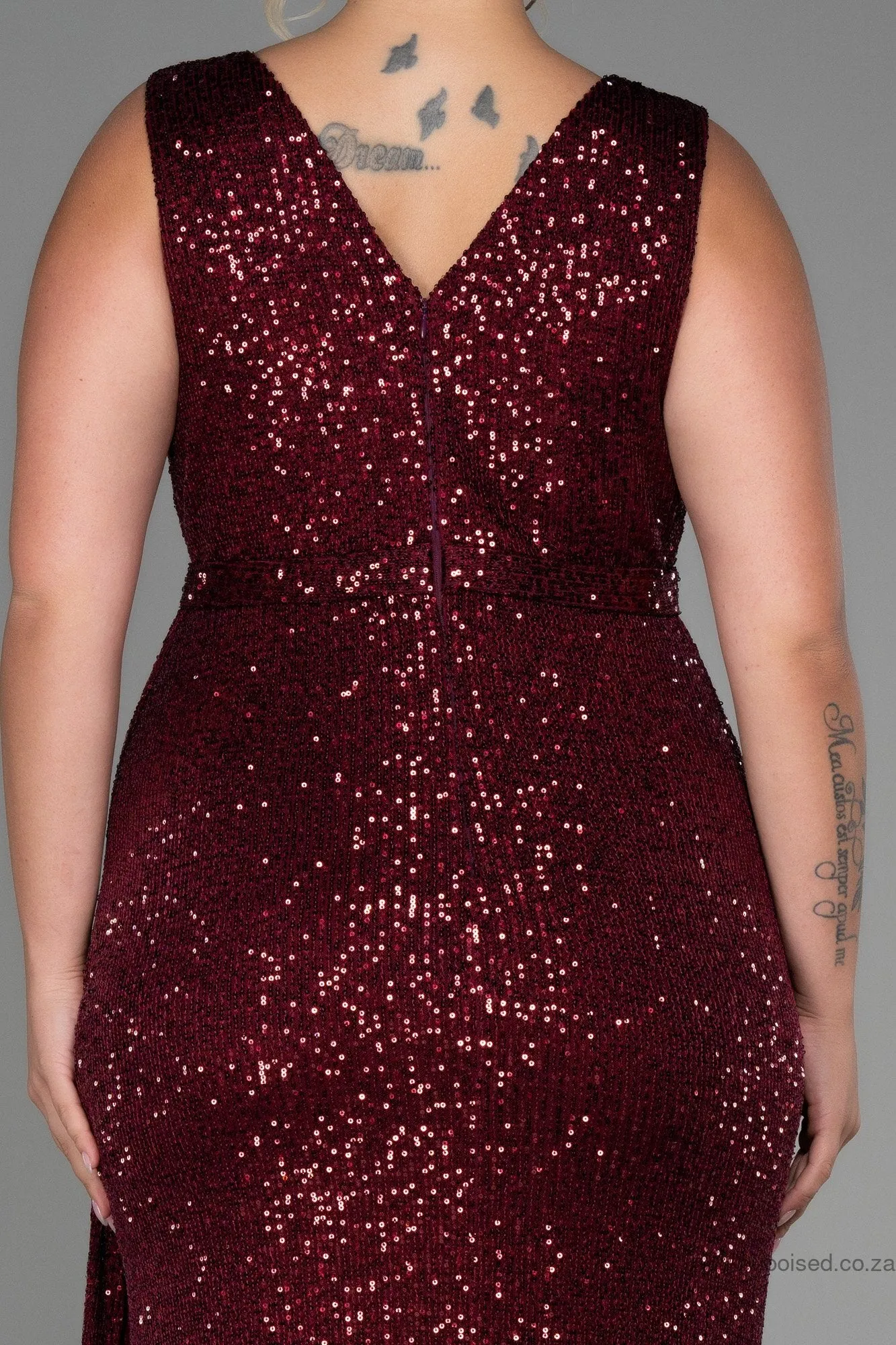 30248 Burgundy Draped Sequins Slit Dress