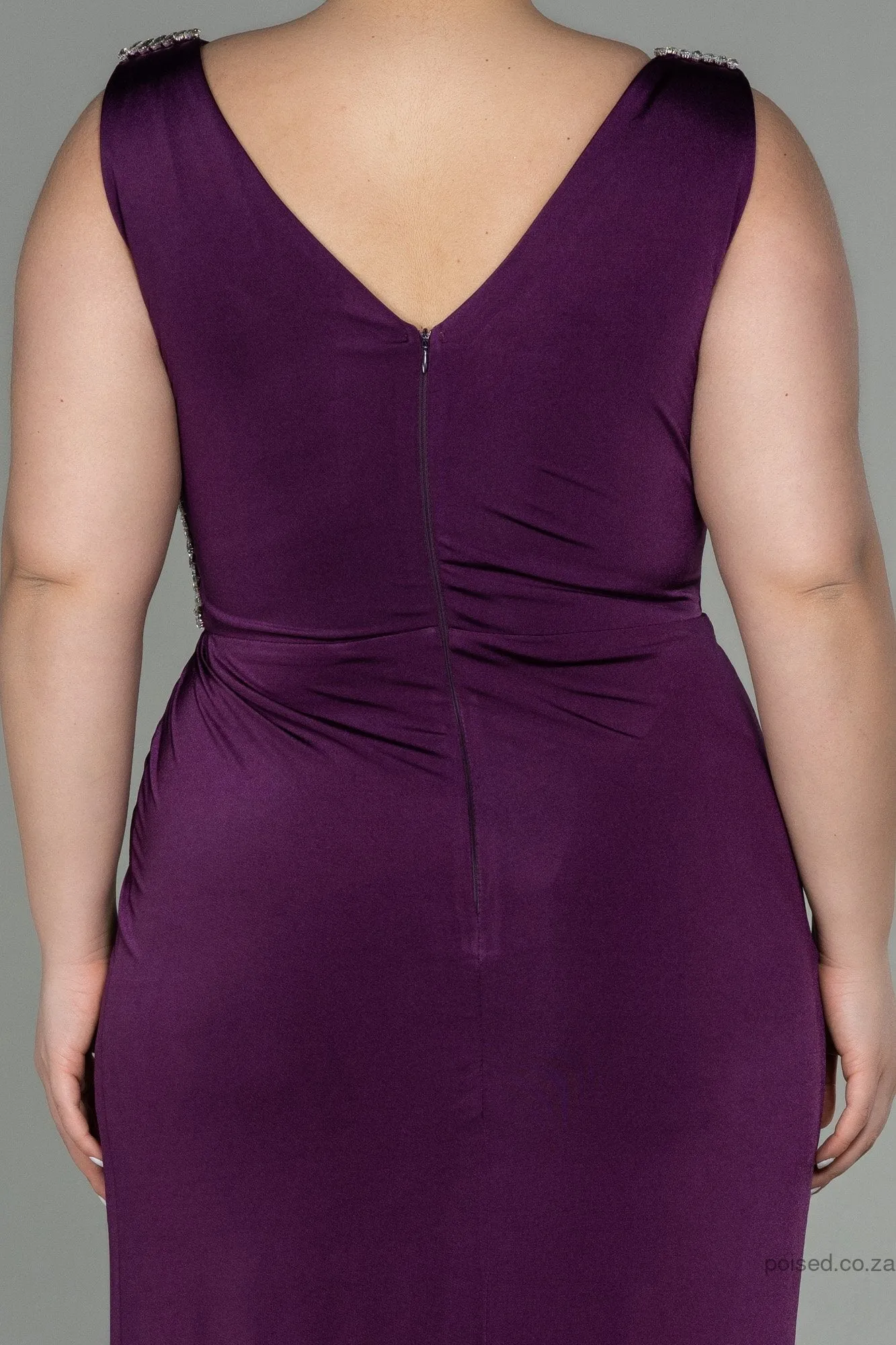 30271 Purple Slit Draped Dress