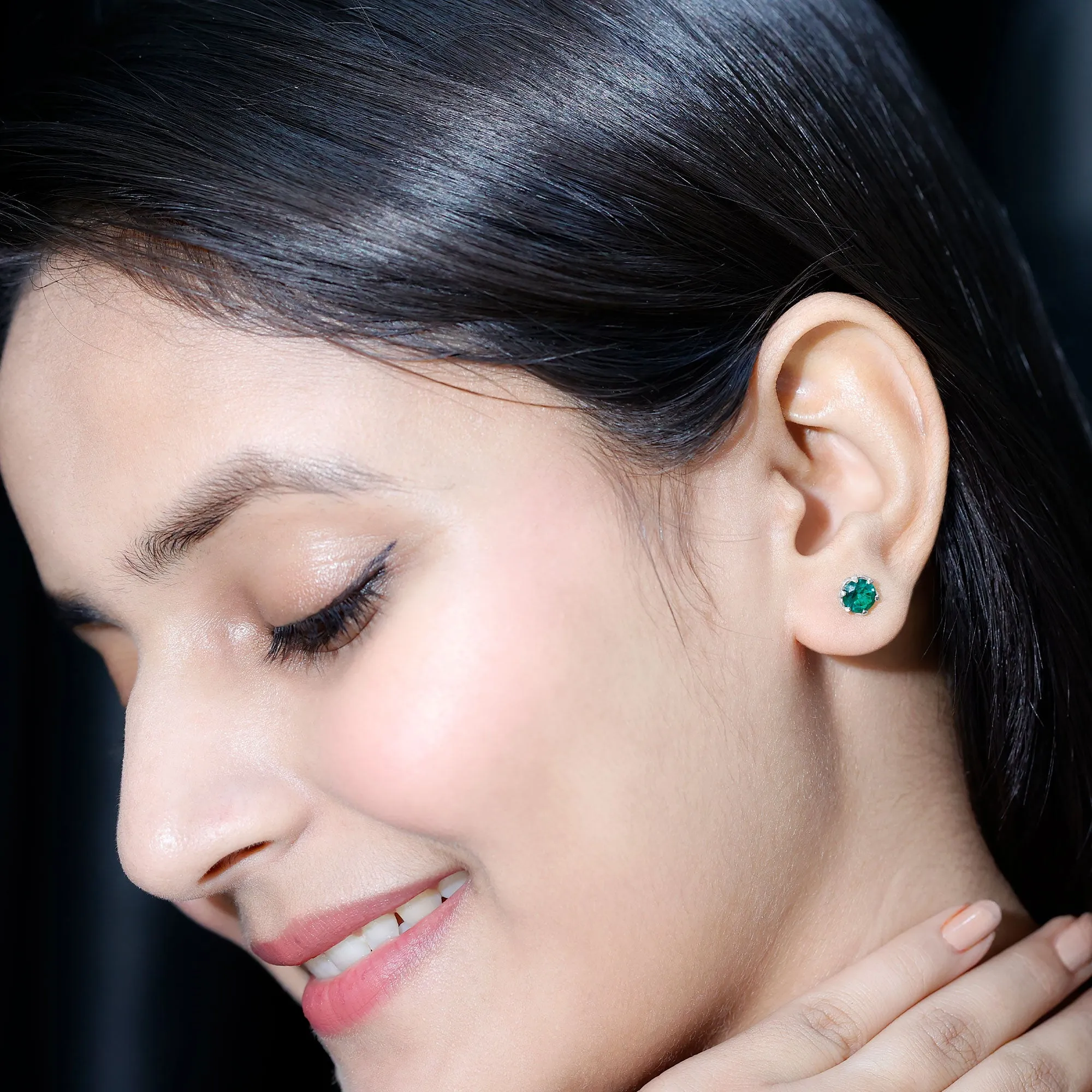 6 MM Round Cut Created Emerald Solitaire Stud Earrings in Lotus Basket Setting