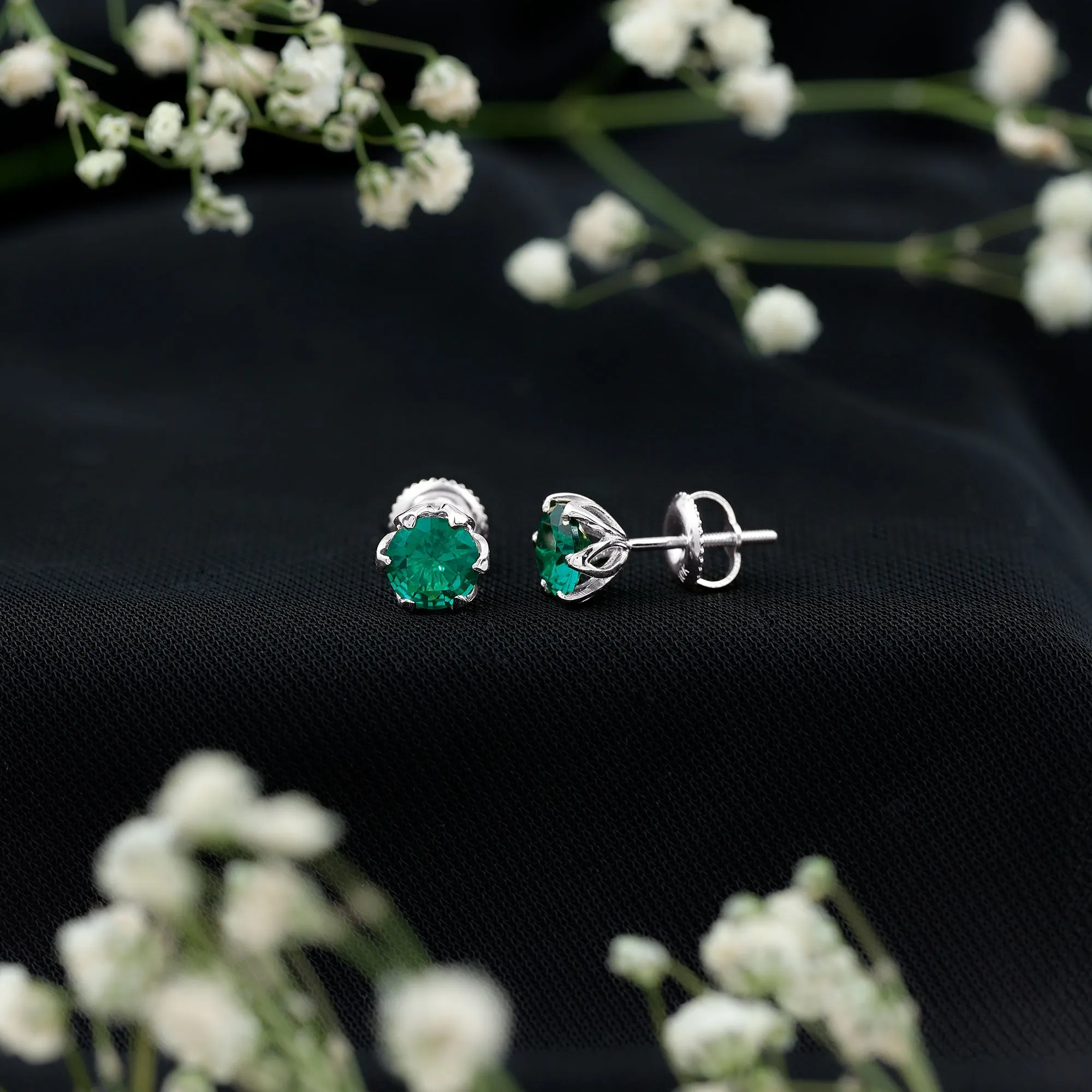 6 MM Round Cut Created Emerald Solitaire Stud Earrings in Lotus Basket Setting