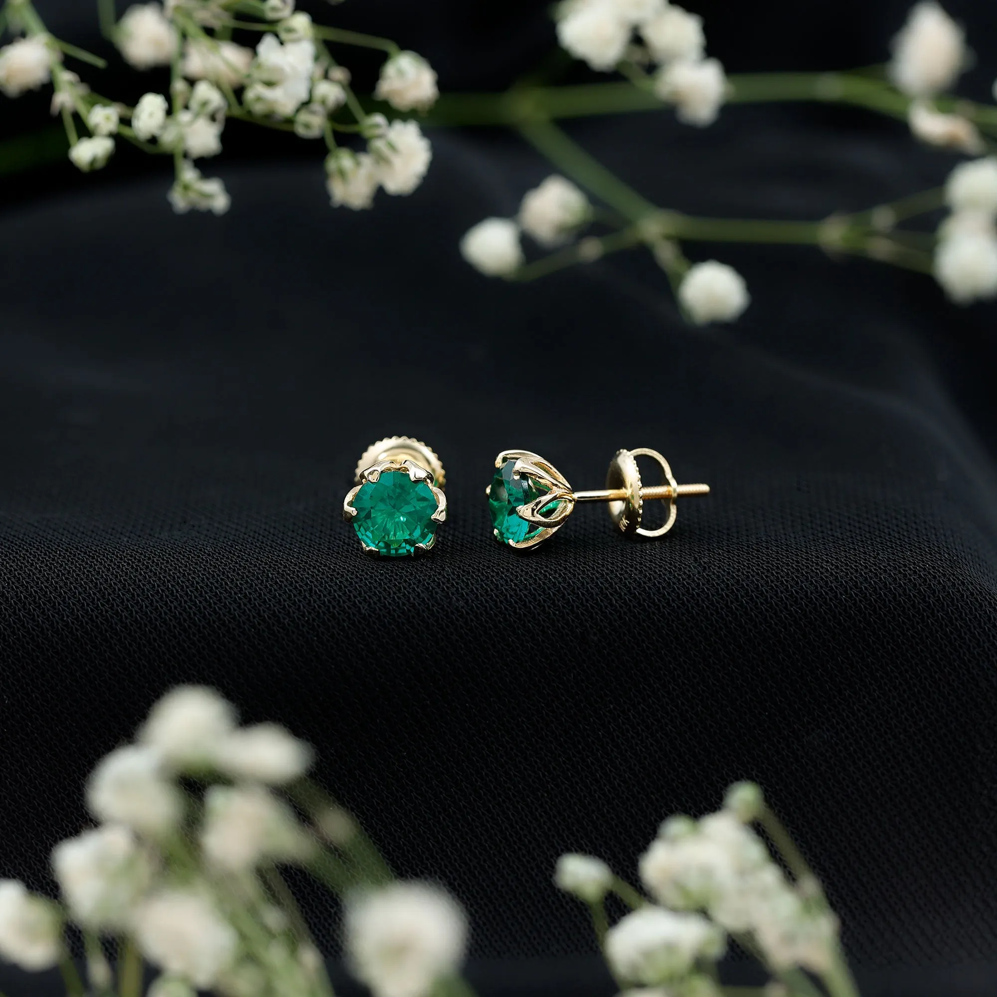 6 MM Round Cut Created Emerald Solitaire Stud Earrings in Lotus Basket Setting