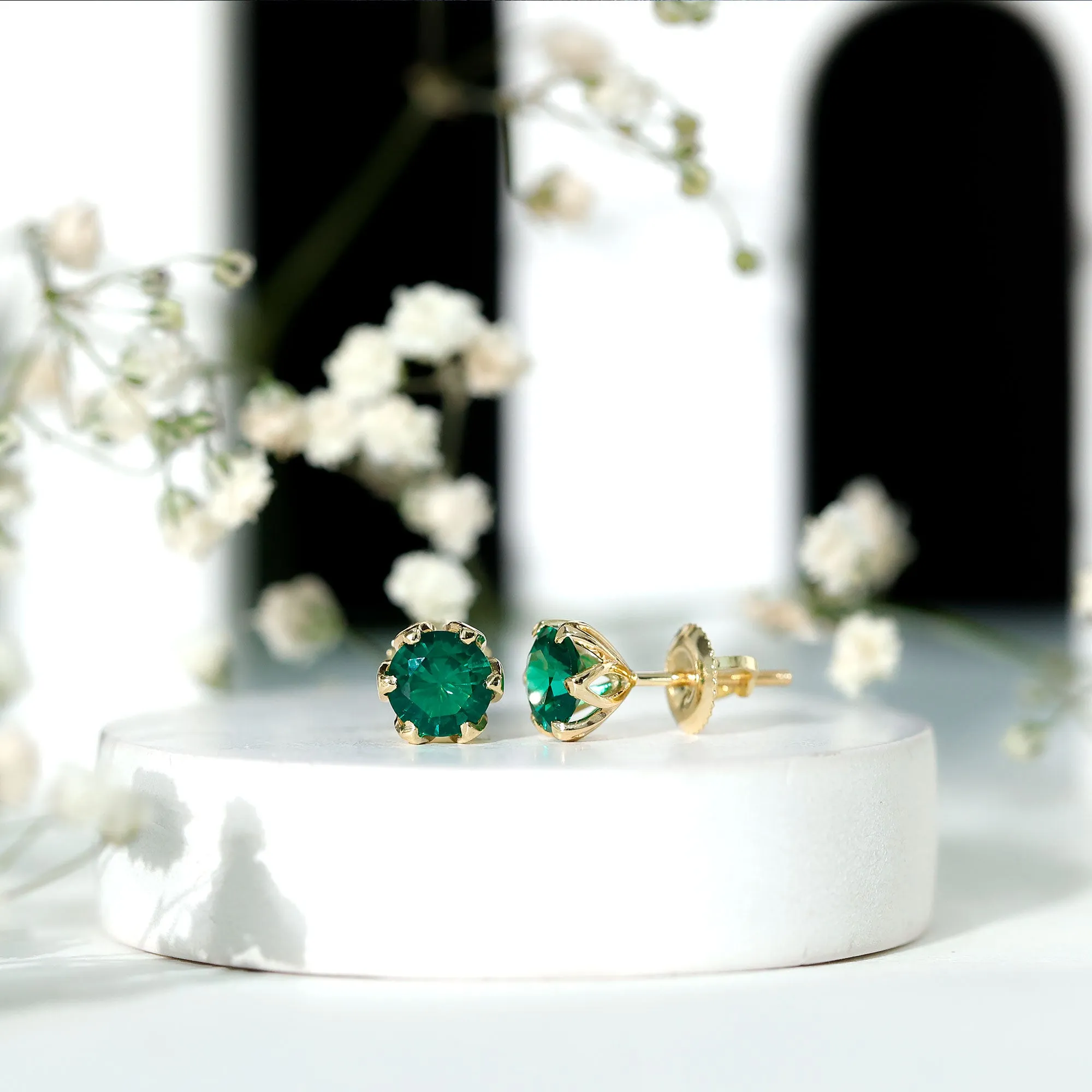6 MM Round Cut Created Emerald Solitaire Stud Earrings in Lotus Basket Setting