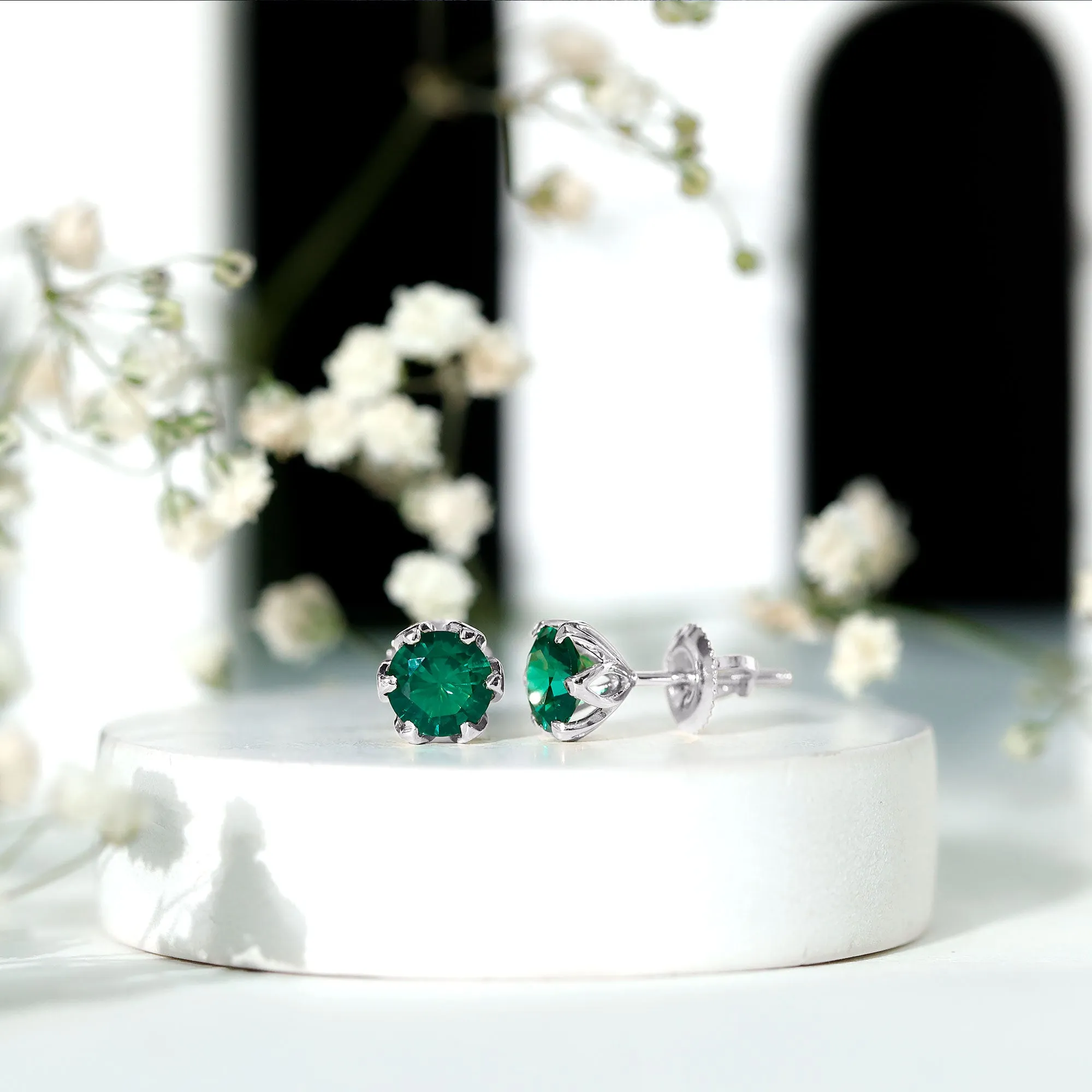 6 MM Round Cut Created Emerald Solitaire Stud Earrings in Lotus Basket Setting