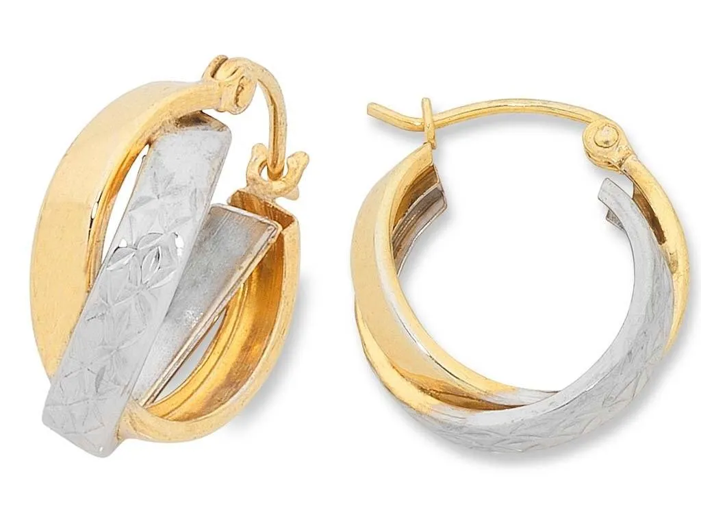 9ct Two Tone Silver Infused Hoop Earrings- 3mm x 16mm