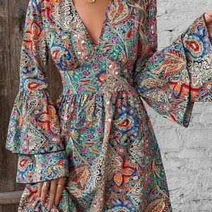 Ainsley Flare Sleeve V Neck Boho Printed Dress