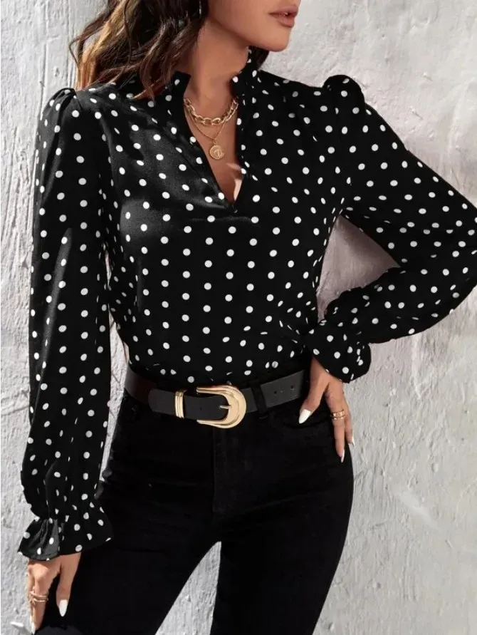 Amara Polka Dot V-Neck Puff Sleeve Blouse