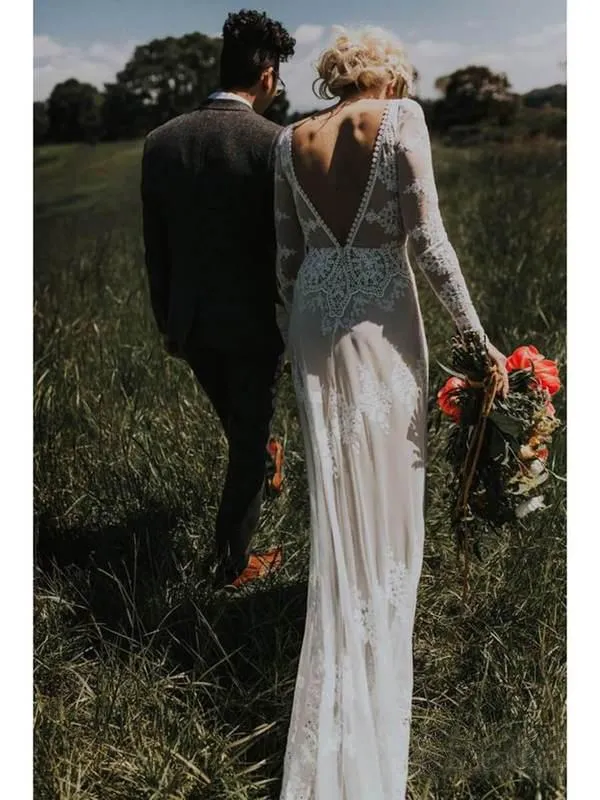 Anneprom Spaghetti Straps Lace Long Sleeve Backless Boho Wedding Gowns Rustic Wedding Dress APW0226