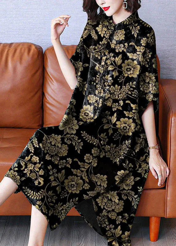 Armine - Vintage maxi dress with stand-up collar, print and open sides