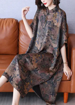 Armine - Vintage maxi dress with stand-up collar, print and open sides
