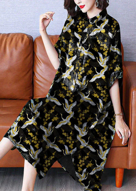 Armine - Vintage maxi dress with stand-up collar, print and open sides