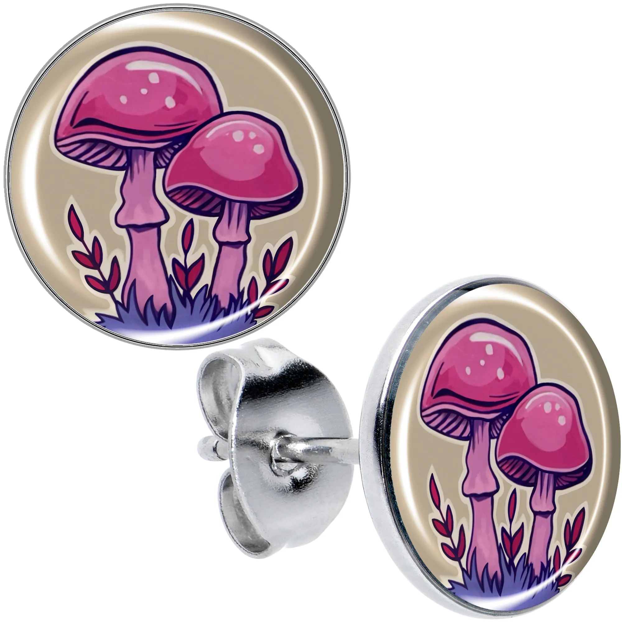 Artist Drawn Pink Mushrooms Stud Earrings