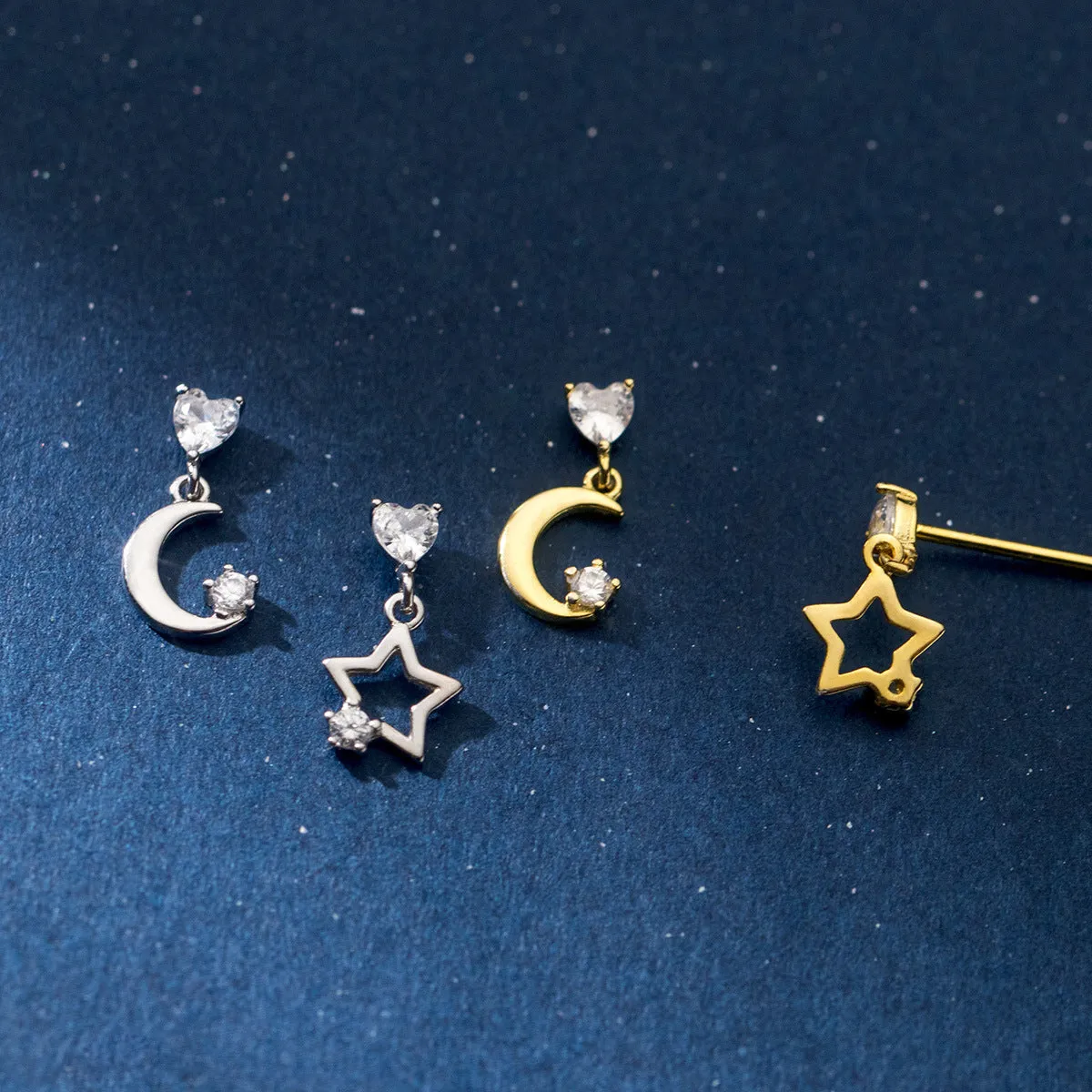 Asymmetry Moon Crescent Star Stud Small Dangle Earrings - SS065