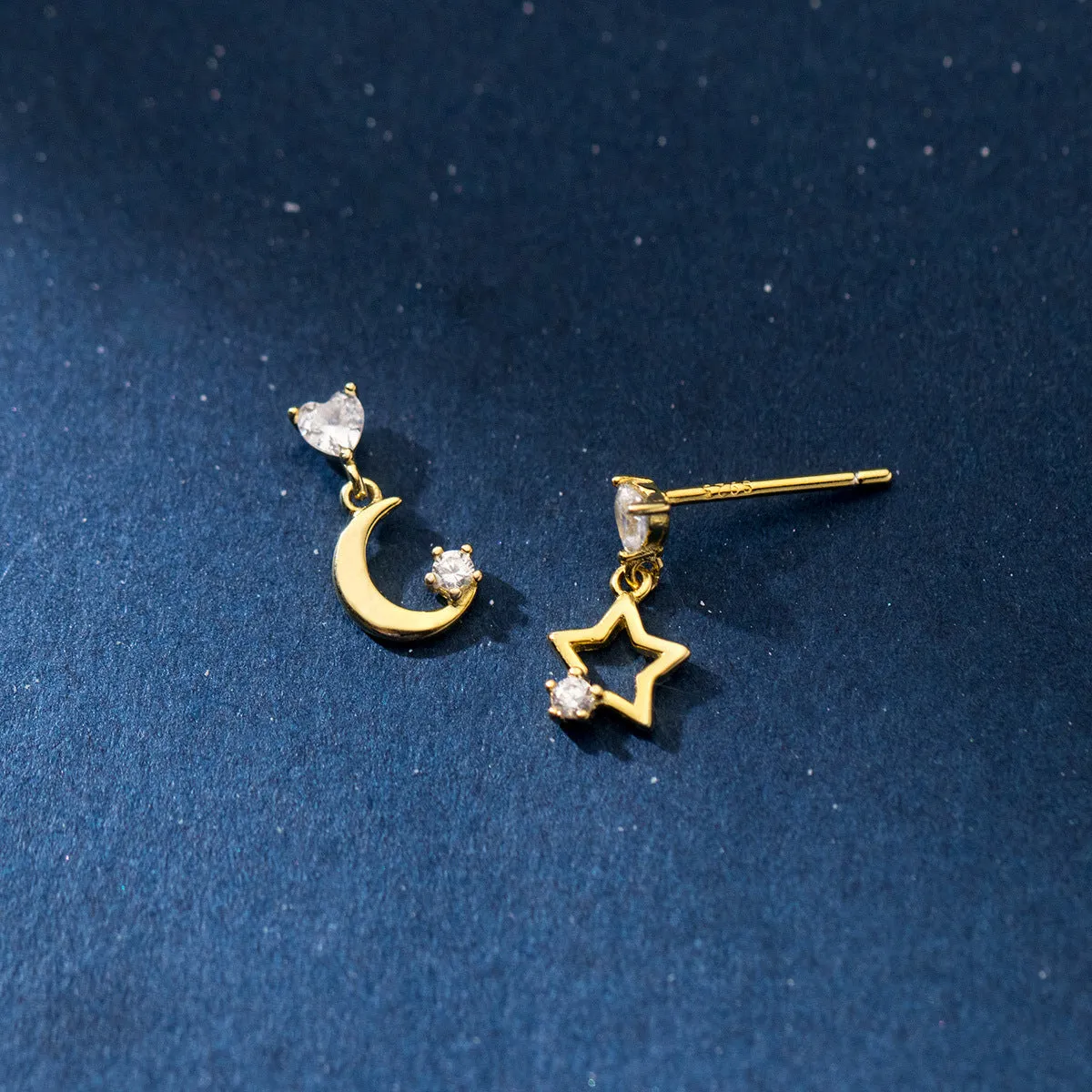 Asymmetry Moon Crescent Star Stud Small Dangle Earrings - SS065
