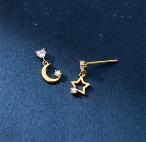Asymmetry Moon Crescent Star Stud Small Dangle Earrings - SS065