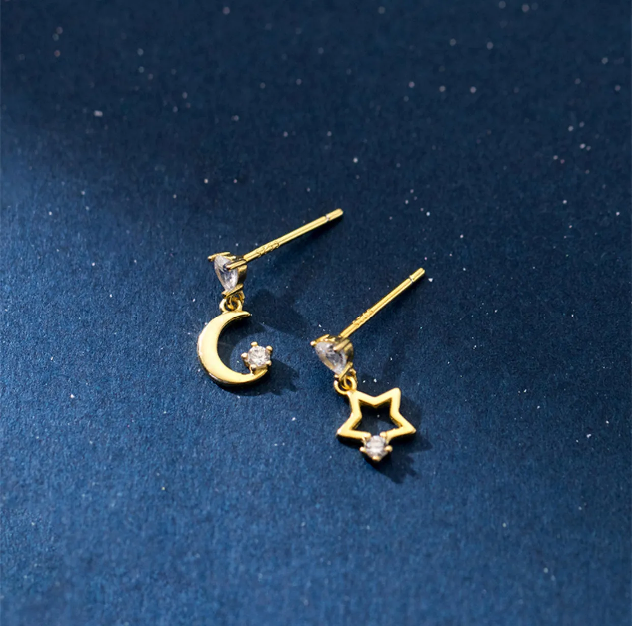 Asymmetry Moon Crescent Star Stud Small Dangle Earrings - SS065