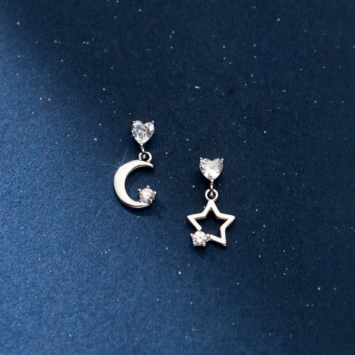 Asymmetry Moon Crescent Star Stud Small Dangle Earrings - SS065
