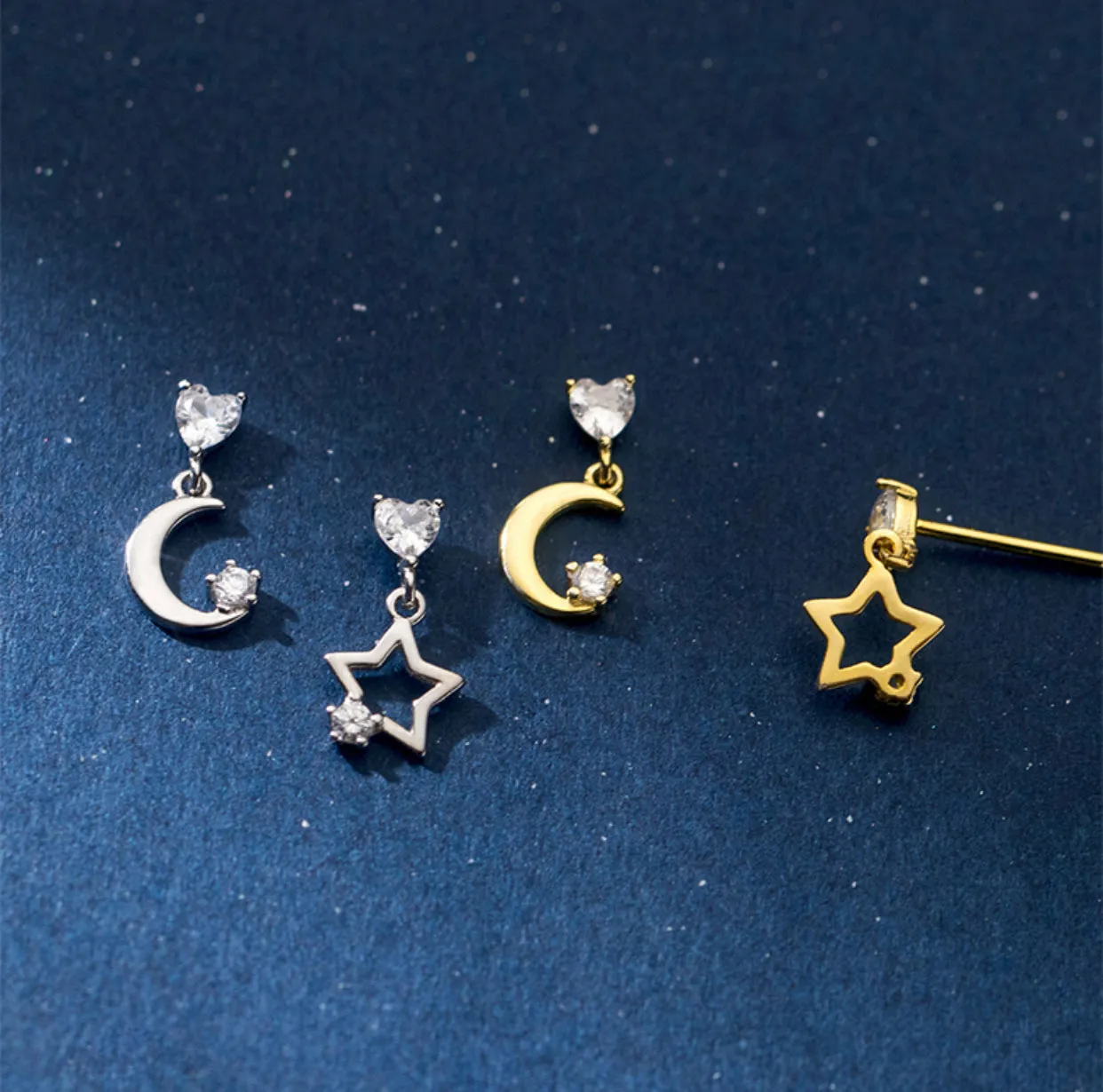 Asymmetry Moon Crescent Star Stud Small Dangle Earrings - SS065