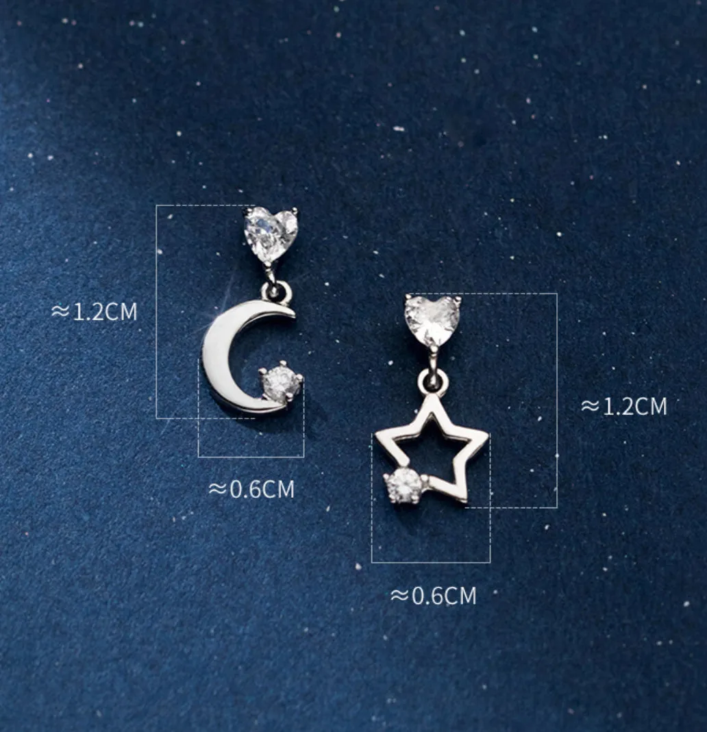 Asymmetry Moon Crescent Star Stud Small Dangle Earrings - SS065