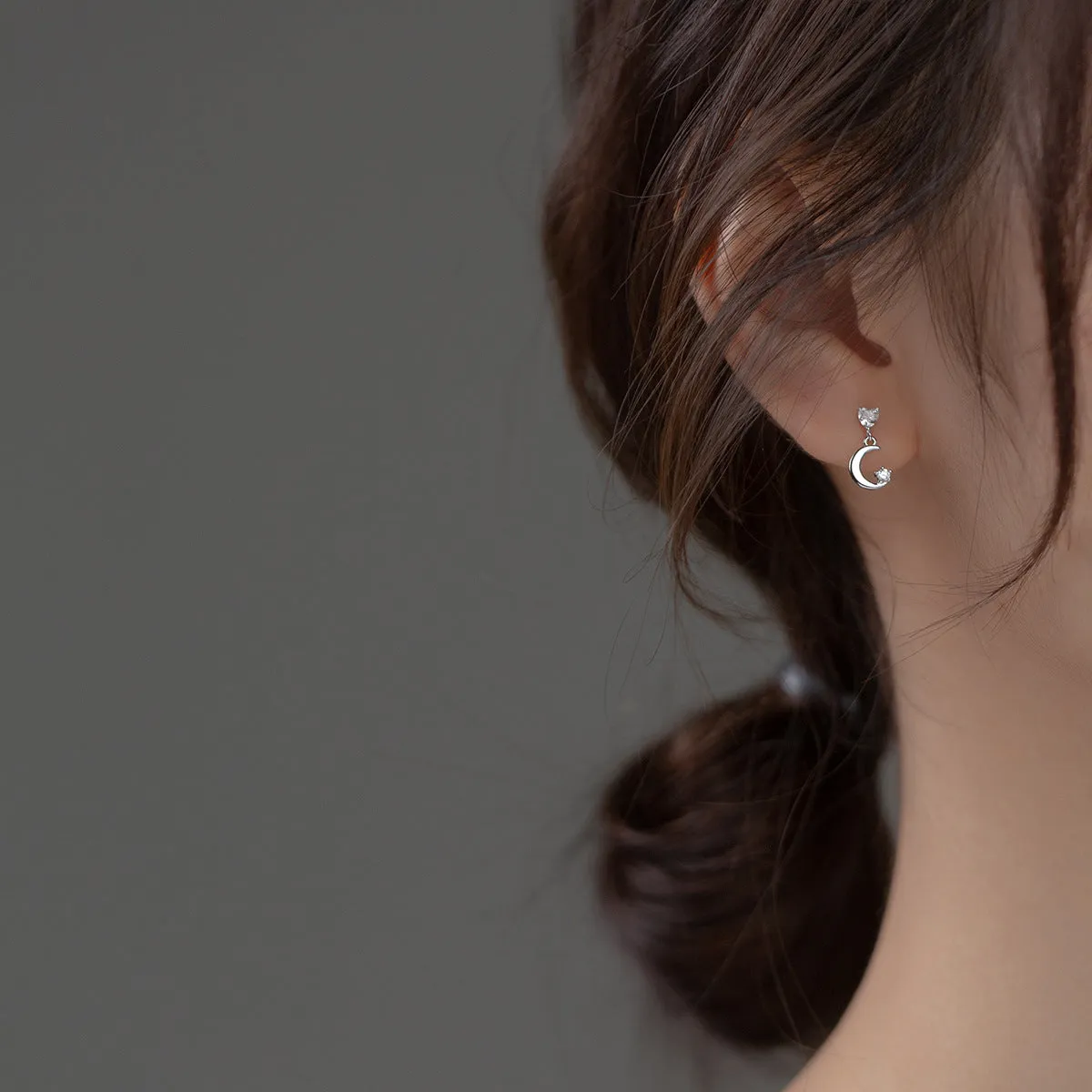 Asymmetry Moon Crescent Star Stud Small Dangle Earrings - SS065
