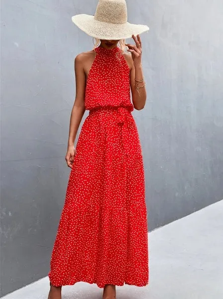 Aviana - Strappy halter jumpsuit dress with ruffles and polka dot print, bestseller