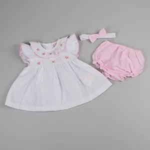 Baby Girls Floral Dress Set with Knickers and Headband - White/Pink