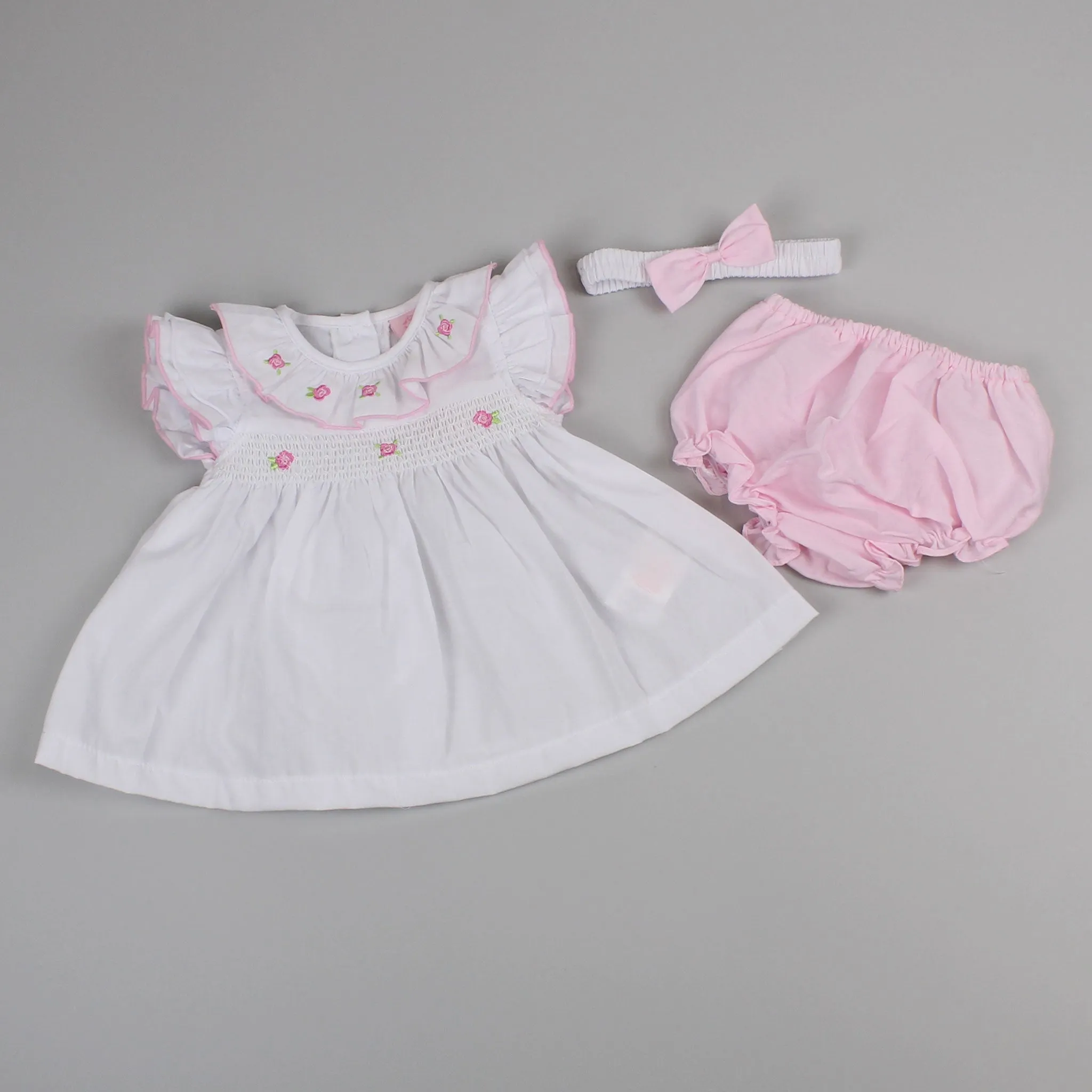 Baby Girls Floral Dress Set with Knickers and Headband - White/Pink
