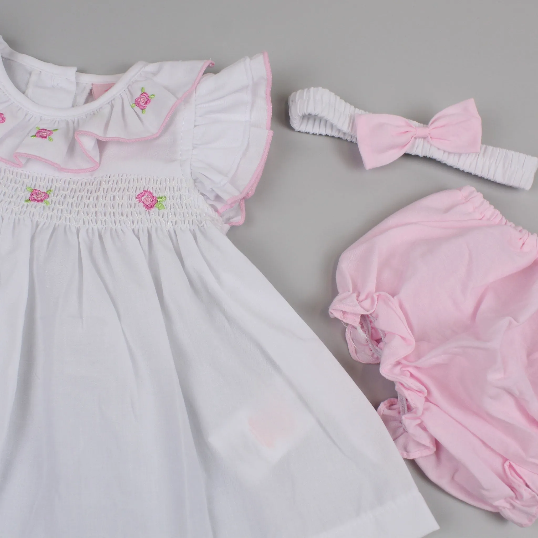 Baby Girls Floral Dress Set with Knickers and Headband - White/Pink
