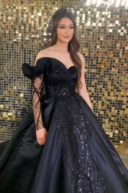 Ballbella Modern Black Wedding Gowns With Beads With Long Sleeve
