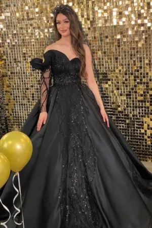Ballbella Modern Black Wedding Gowns With Beads With Long Sleeve
